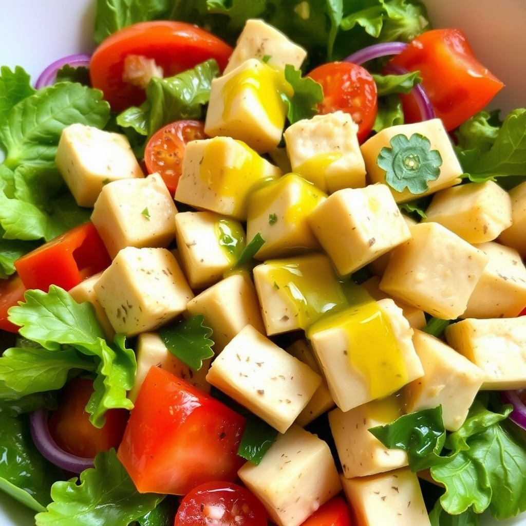 Vibrant Mediterranean salad with tofu cubes, fresh vegetables, and a drizzle of olive oil.