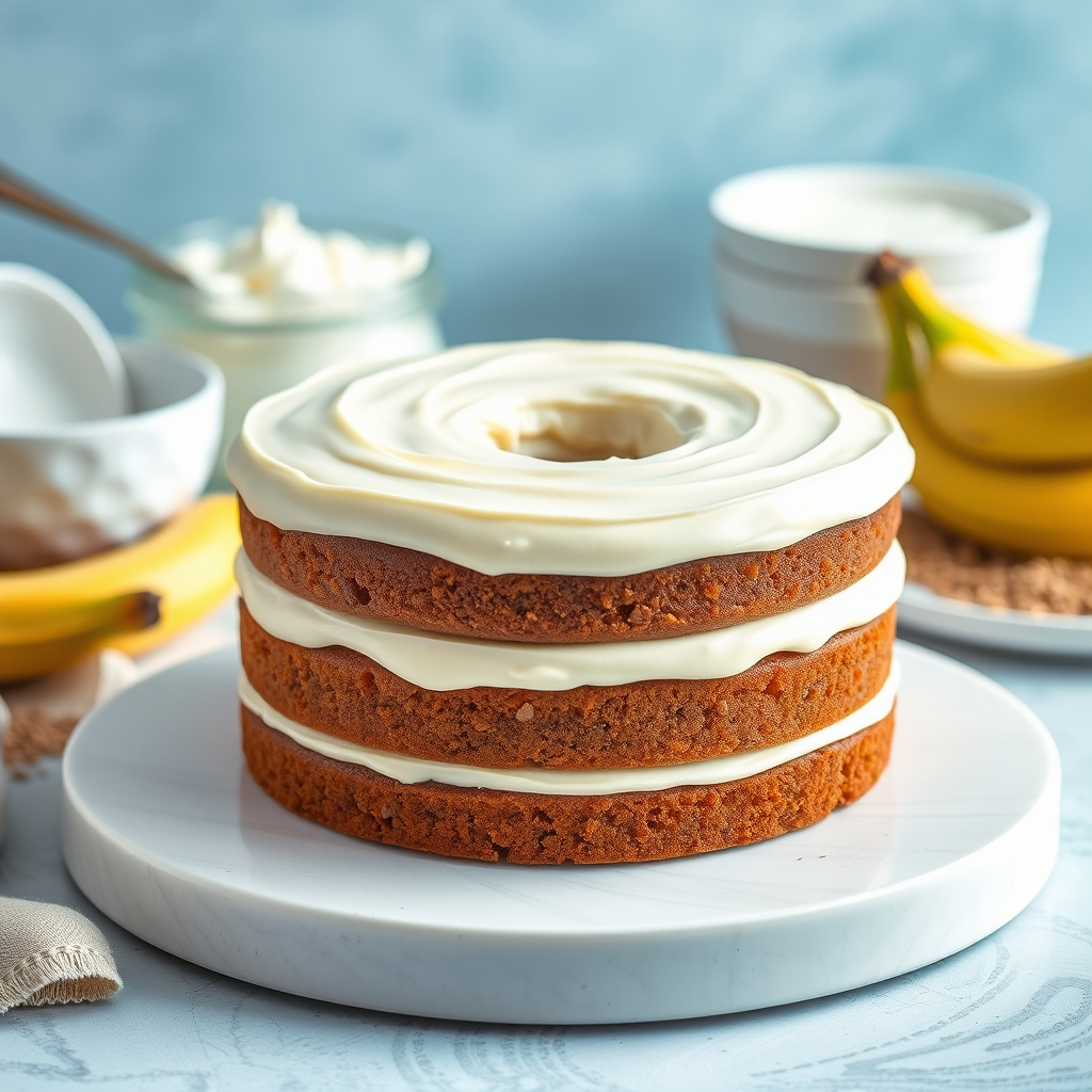 A three-layer vegan cake with creamy frosting, showcasing how egg substitutes like bananas and flaxseeds can create fluffy, delicious vegan desserts.