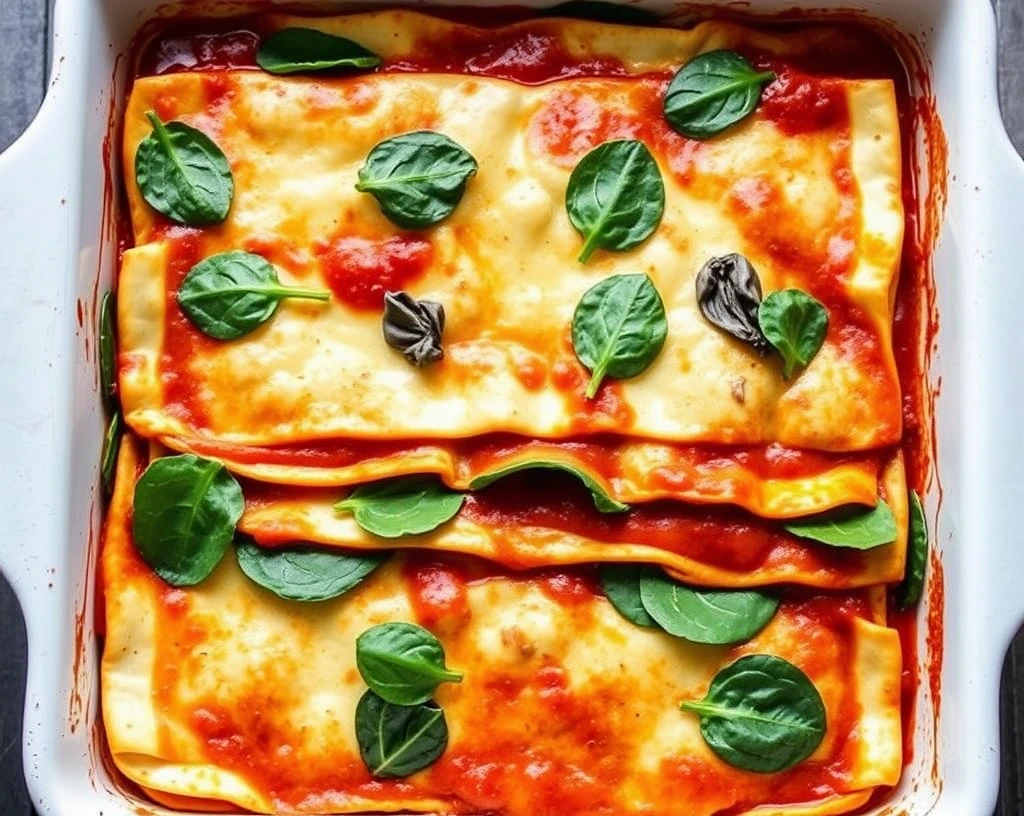 Vegan spinach and tofu lasagna in a baking tray, showcasing rich marinara sauce layers.