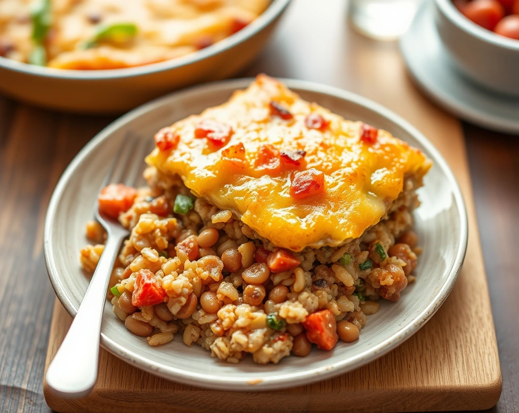 Vegan lentil and rice casserole, a wholesome one-dish meal.