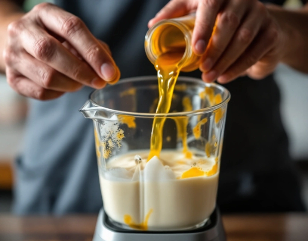Pouring oil into a blender to make vegan mayo