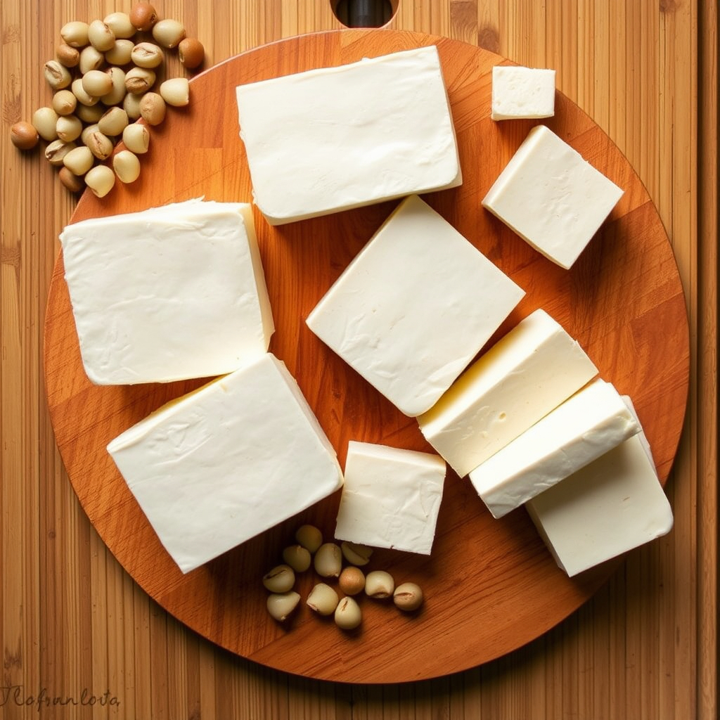 Fresh tofu blocks placed on a wooden cutting board surrounded by soybeans and sprigs of parsley.