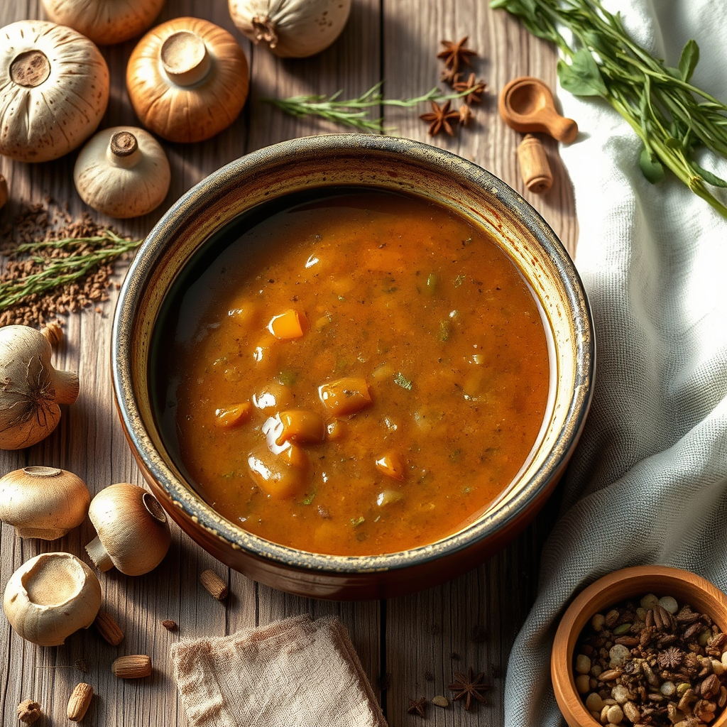 Bowl of vegan brown gravy served with mashed potatoes and fresh herbs.