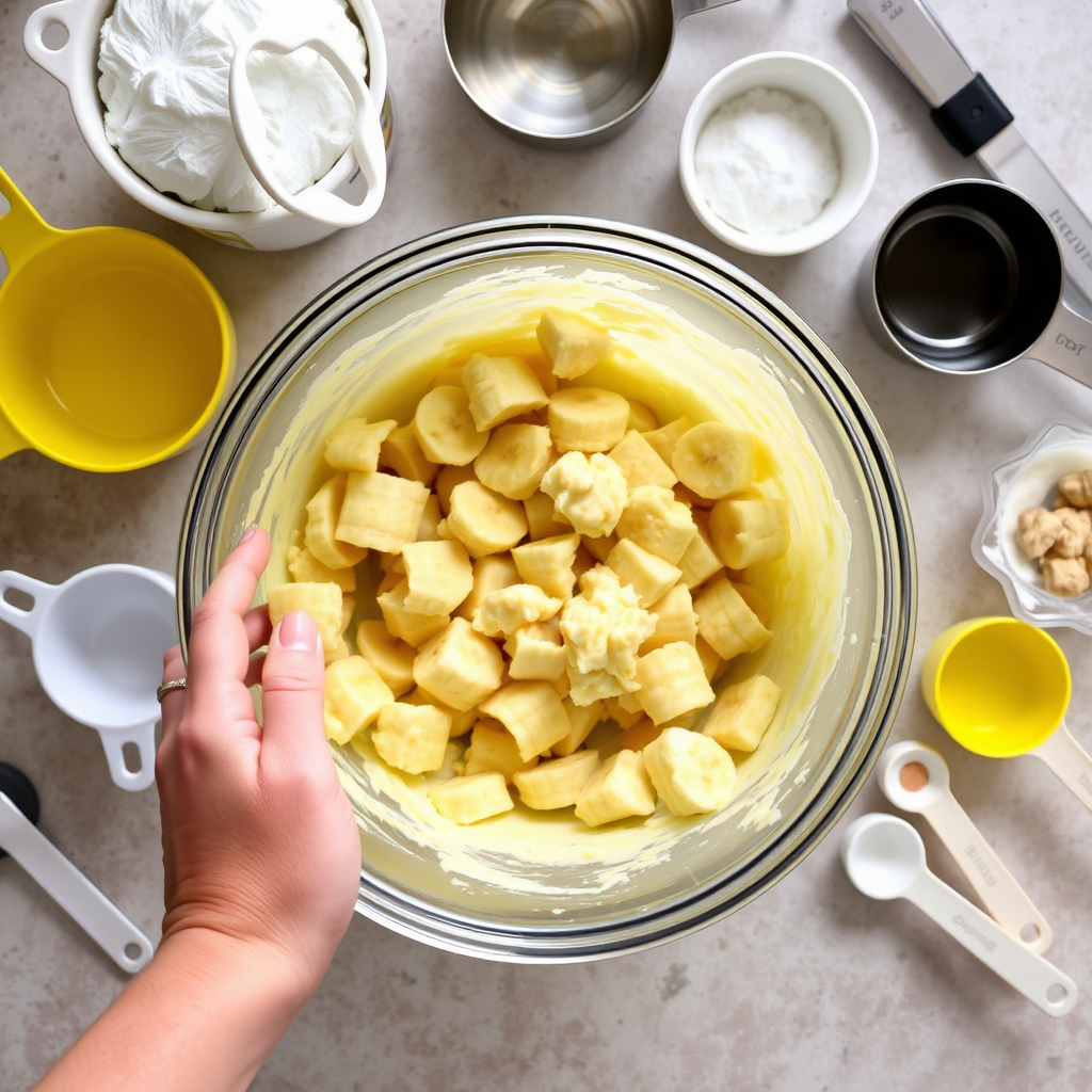 Hand mashing ripe bananas in a bowl with baking tools and ingredients nearby.