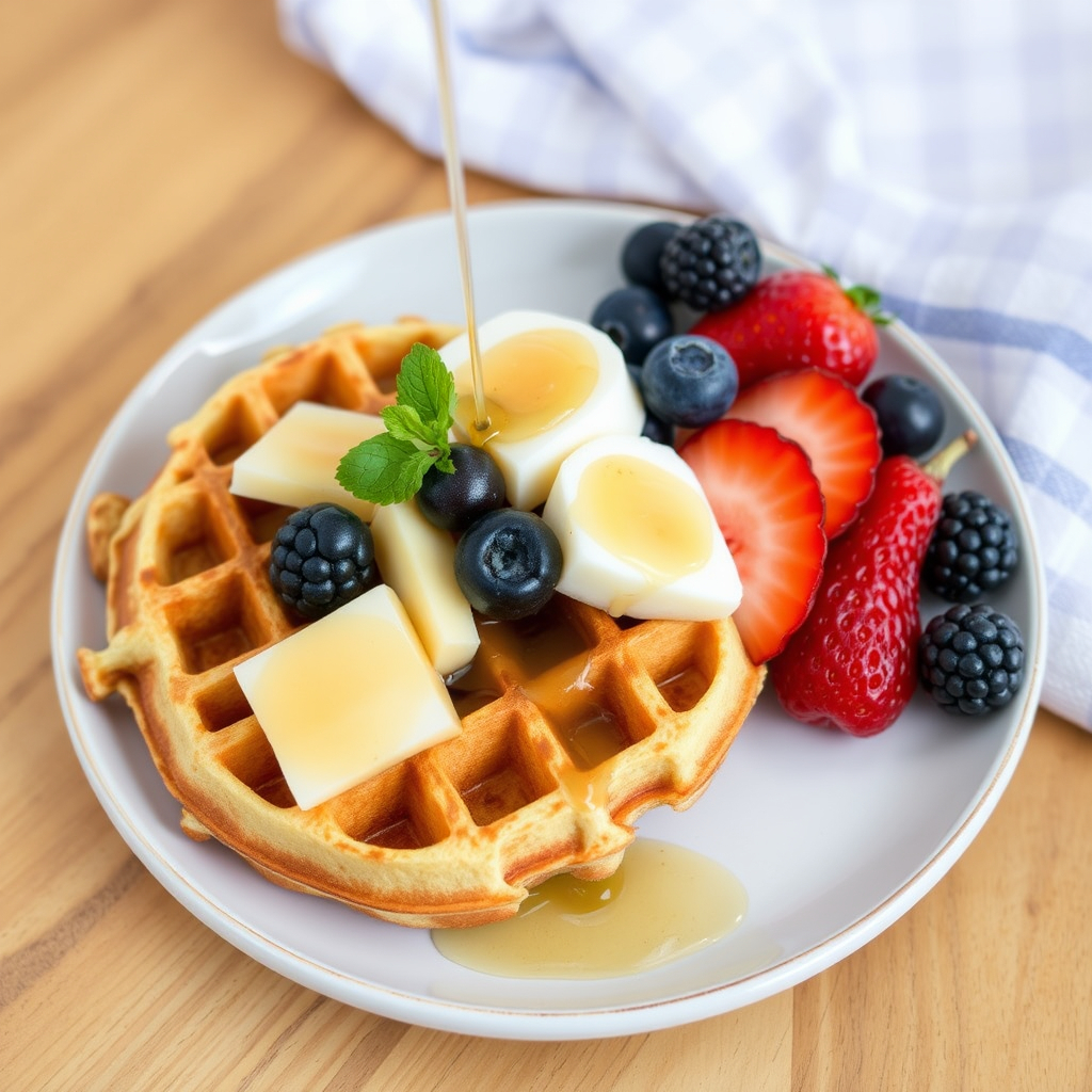  Gluten-free vegan waffles with fruits and maple syrup.