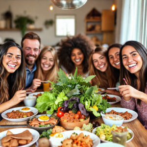 A cheerful group of people enjoying a vibrant vegan brunch spread at a sunny table.