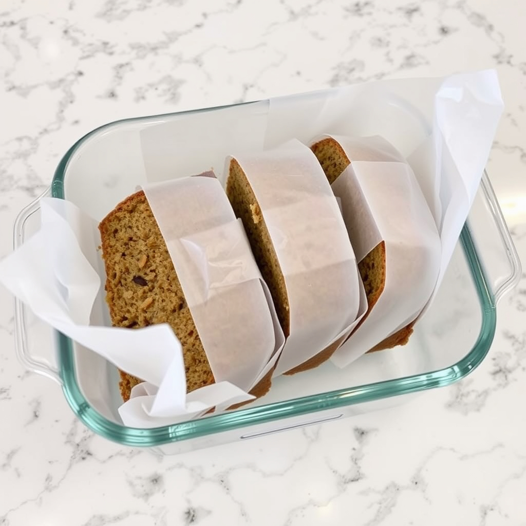 Slices of vegan banana bread wrapped in parchment paper, stored in a glass container, ready for freezing.