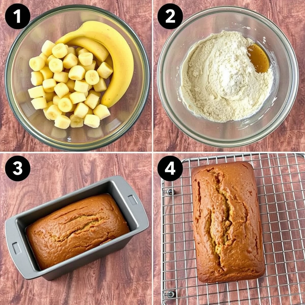 A collage showing steps for making vegan banana bread: mashing bananas, mixing ingredients, pouring batter into a pan, and a baked loaf cooling on a rack.