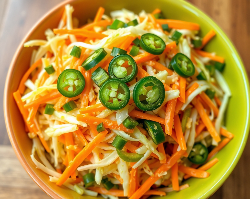 A zesty bowl of spicy vegan coleslaw featuring shredded cabbage, carrots, and chopped jalapeños. The dish is served in a modern bowl with spicy vinaigrette dressing.