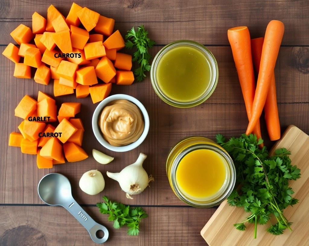 "Ingredients for vegan pureed soup, including sweet potatoes, carrots, peanut butter, garlic, onion, and vegetable broth, arranged on a wooden table.