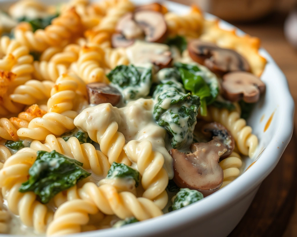 Creamy vegan pasta casserole with spinach and mushrooms topped with a golden crust.