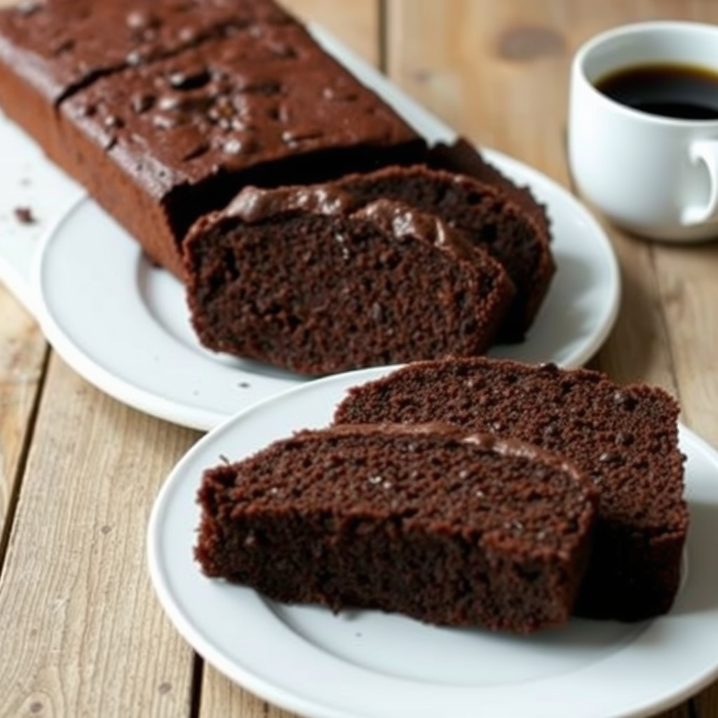 Slices of moist vegan chocolate banana bread served with coffee on a wooden table.