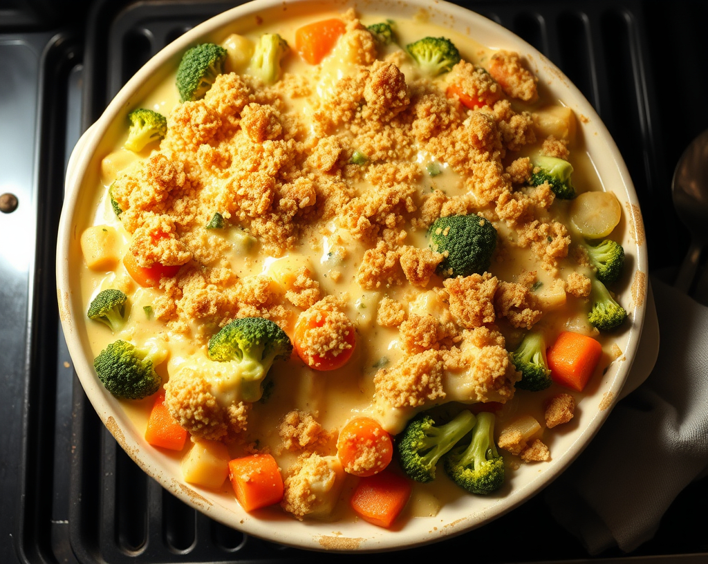 A creamy vegetable casserole with broccoli, carrots, and a golden breadcrumb topping in a baking dish.