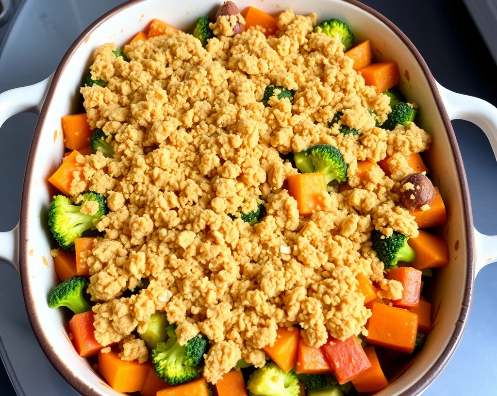 "Freshly baked vegan casserole with vibrant vegetables and golden breadcrumb topping in a ceramic dish.