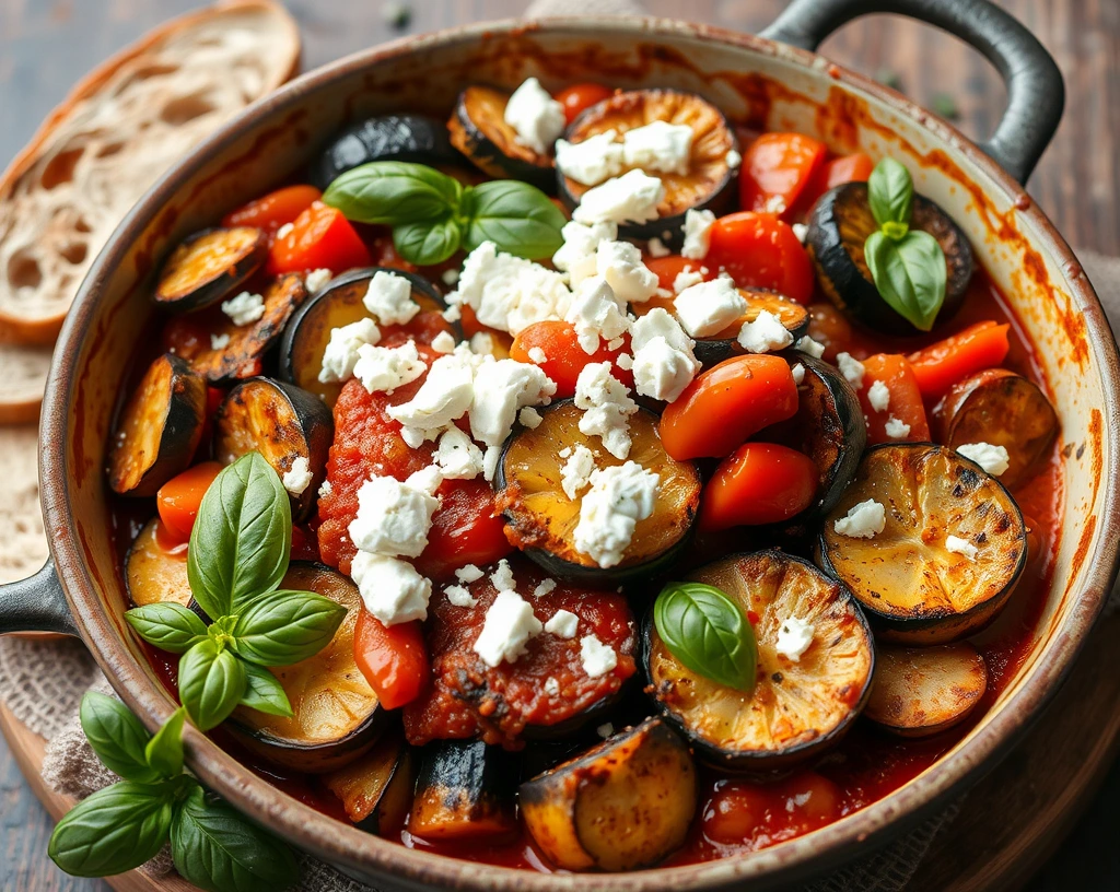 Roasted Mediterranean vegetable casserole with zucchini, eggplant, and bell peppers in a tomato-based sauce, topped with crumbled feta cheese.