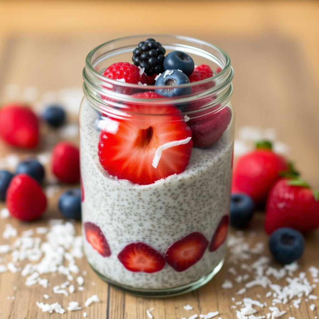  Chia seed pudding in a jar with fresh berries and coconut flakes.