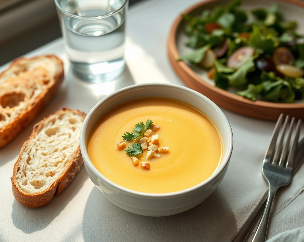 Served bowl of vegan pureed soup topped with parsley and crushed nuts, accompanied by crusty bread and a fresh green salad.