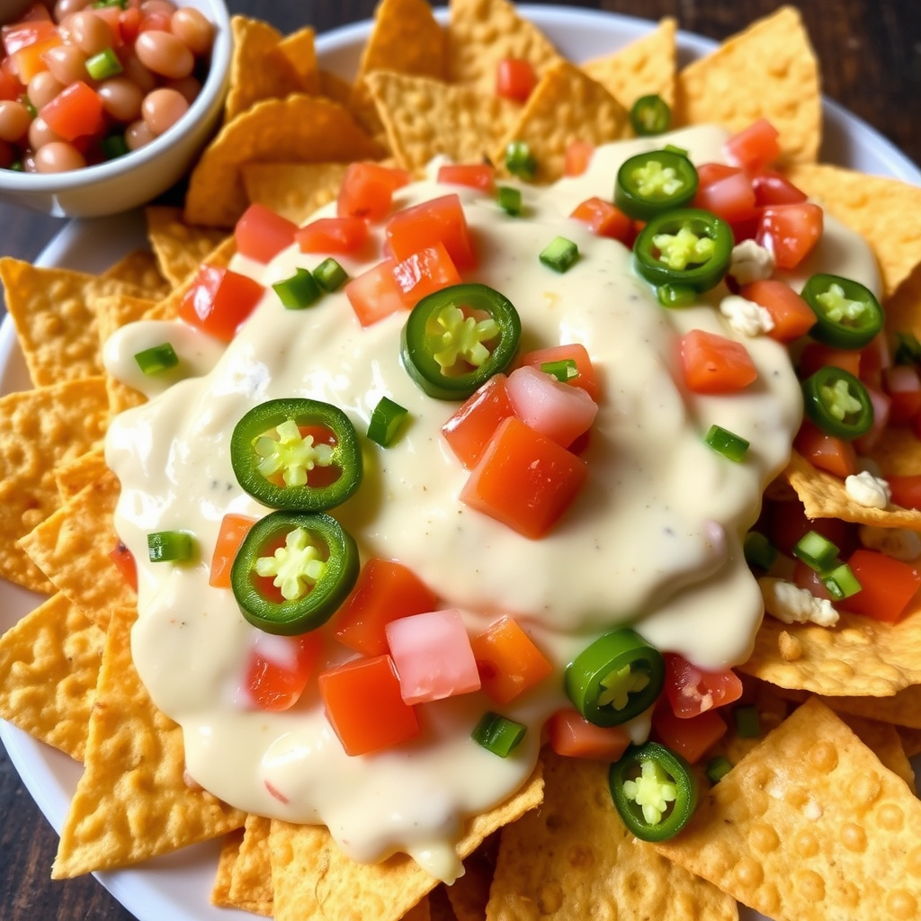 Vegan nachos with cashew cheese, jalapeños, and salsa.