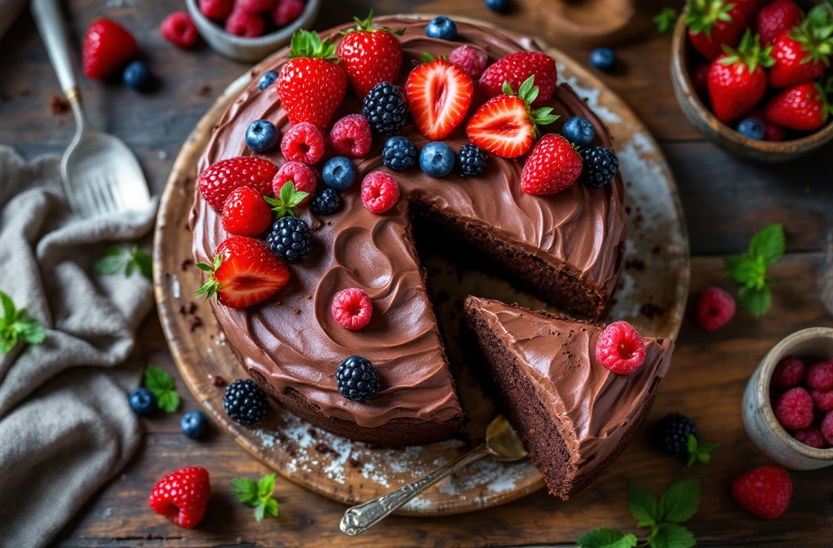 Vegan chocolate cake with frosting and berries