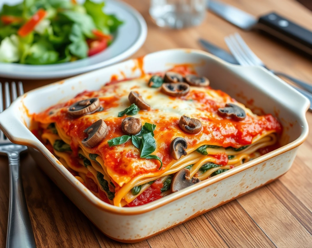 Spinach and mushroom lasagna from simple vegetarian casserole recipes, with pasta layers, marinara sauce, and golden melted cheese.