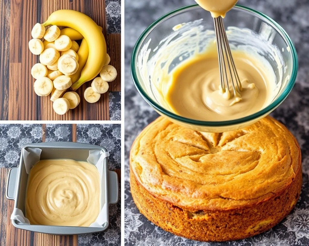 A collage showing steps to make vegan banana cake: mashing bananas, mixing batter, pouring it into a pan, and the final golden-brown cake.