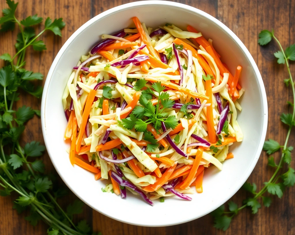 A vibrant bowl of classic vegan coleslaw made with shredded cabbage, carrots, and creamy plant-based dressing. Fresh herbs are scattered around, with a rustic wooden table in the background.