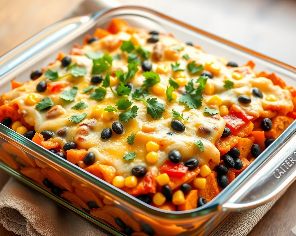 Sweet potato and black bean casserole with corn, red peppers, and melted cheese in a glass dish, garnished with fresh cilantro.