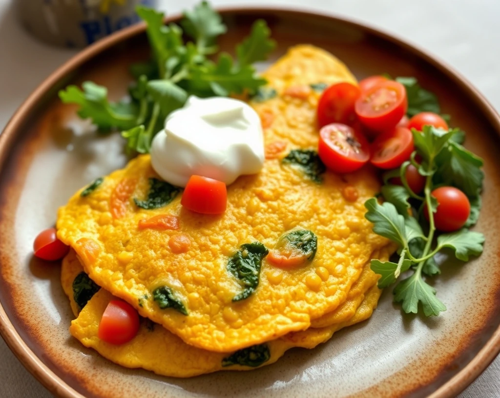 Chickpea flour omelet filled with vegetables, served with vegan sour cream and a fresh green salad.