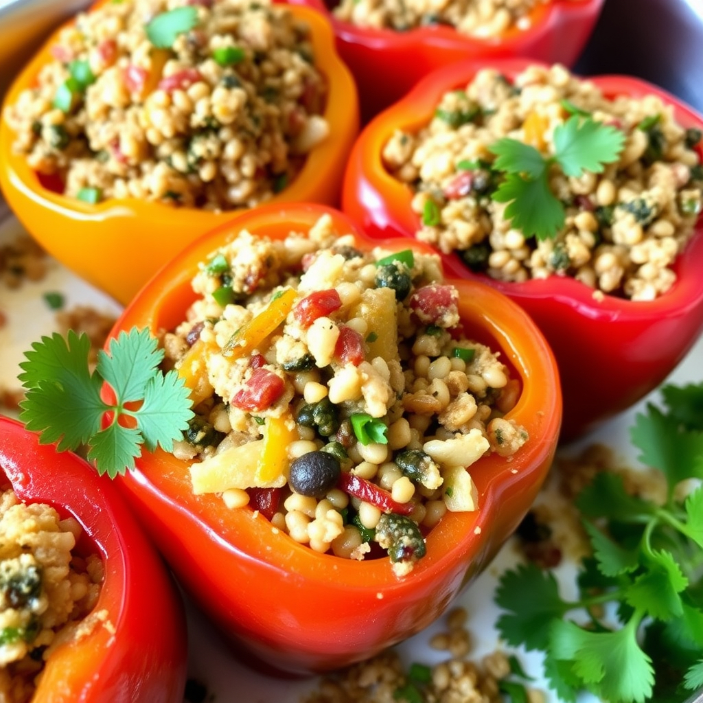 Stuffed bell peppers with grains, vegetables, and herbs, garnished with parsley.