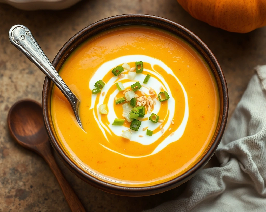 Chinese-style kabocha squash soup with coconut milk swirl, green onions, and sesame seeds in a bowl, placed on a rustic surface.