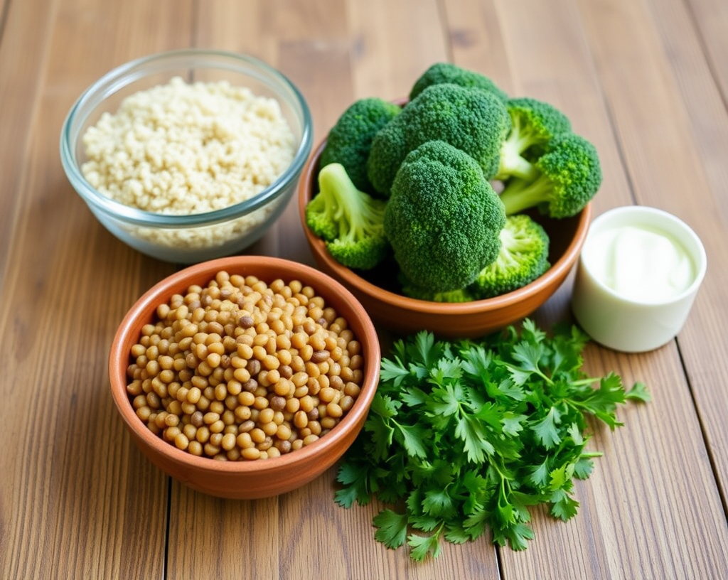 Ingredients for a vegan casserole, including quinoa, broccoli, lentils, cashew cream, and parsley, displayed on a wooden table.