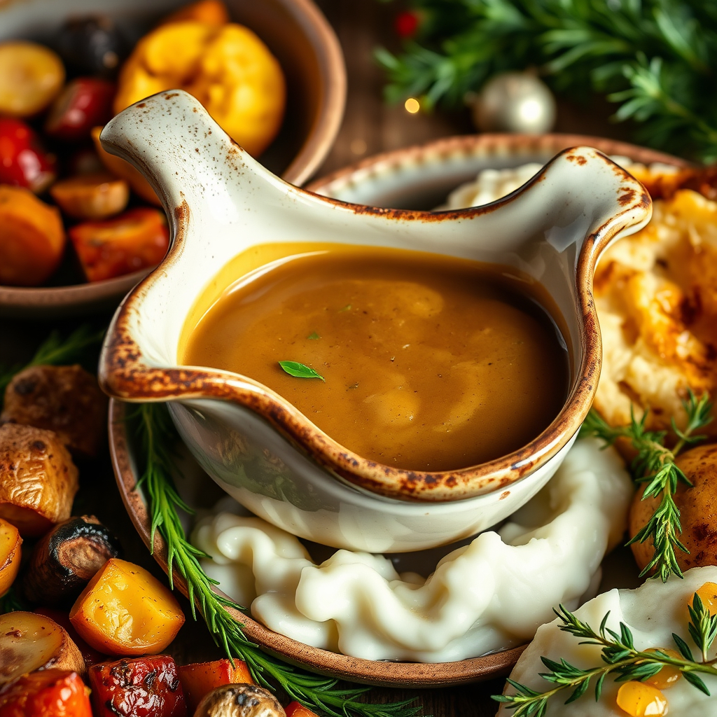 A bowl of rich vegan gravy served in a rustic gravy boat, surrounded by fresh herbs and roasted vegetables, perfect for plant-based meals.