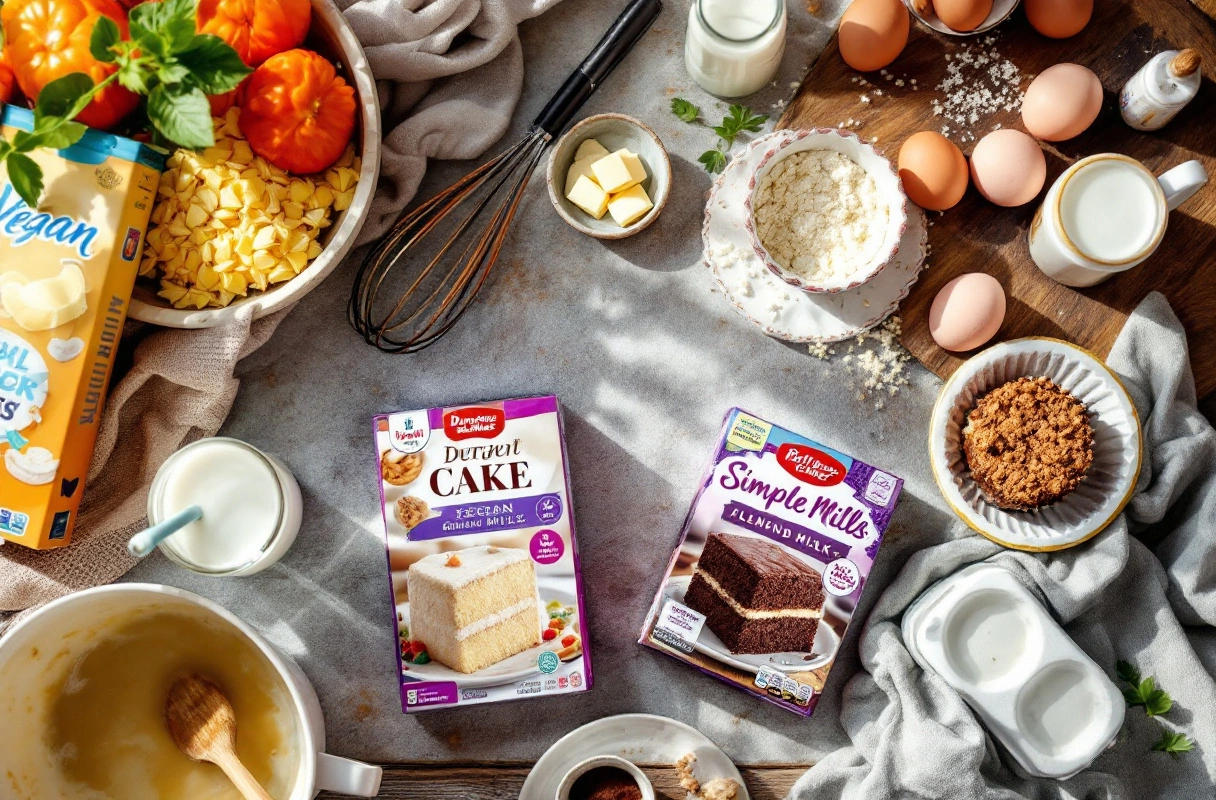 Vegan boxed cake mixes with baking ingredients flat-lay