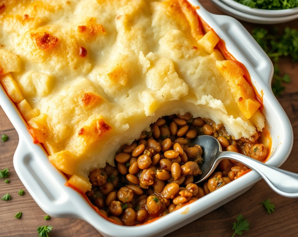 Vegan lentil shepherd’s pie with golden mashed potato topping, garnished with parsley, served in a rustic white baking dish on a wooden table.

