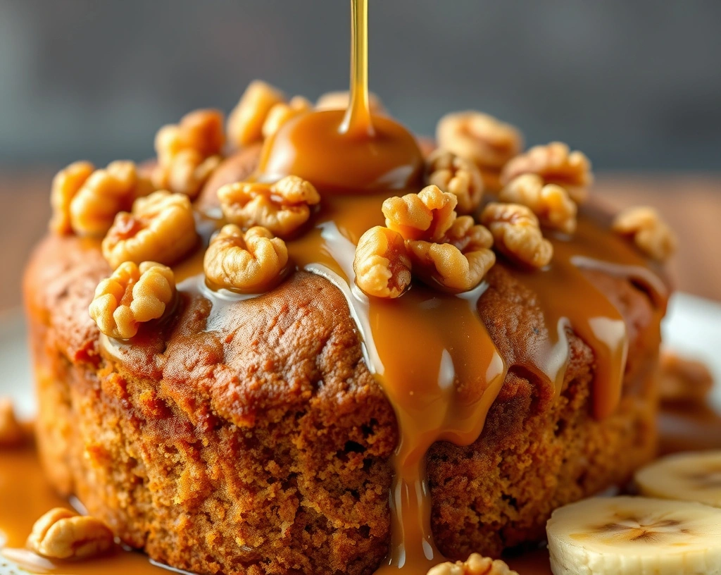 A close-up of a moist vegan banana cake topped with chopped walnuts and a drizzle of vegan caramel, placed on a wooden board.