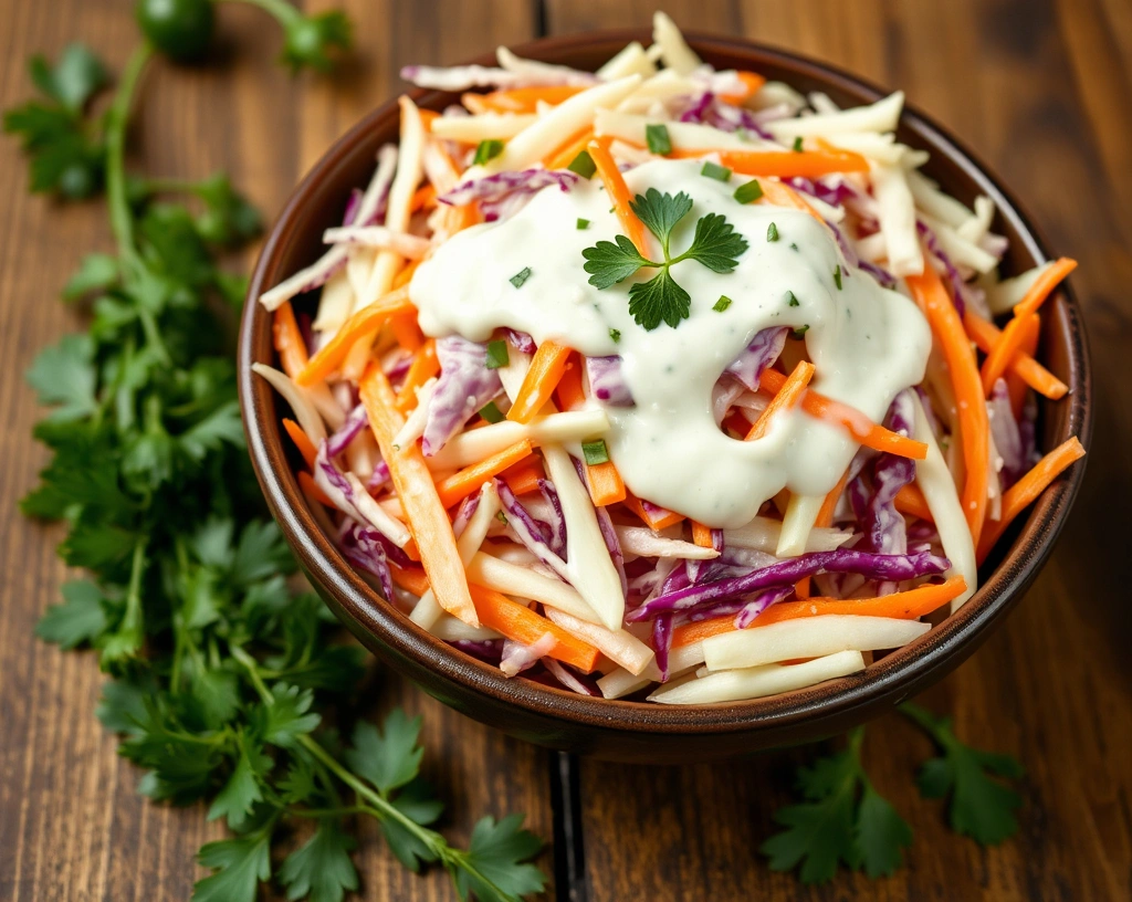 A fresh bowl of Asian-inspired vegan coleslaw with napa cabbage, bell peppers, and sesame dressing. Garnished with cilantro and sesame seeds, served on a black plate with chopsticks on the side.