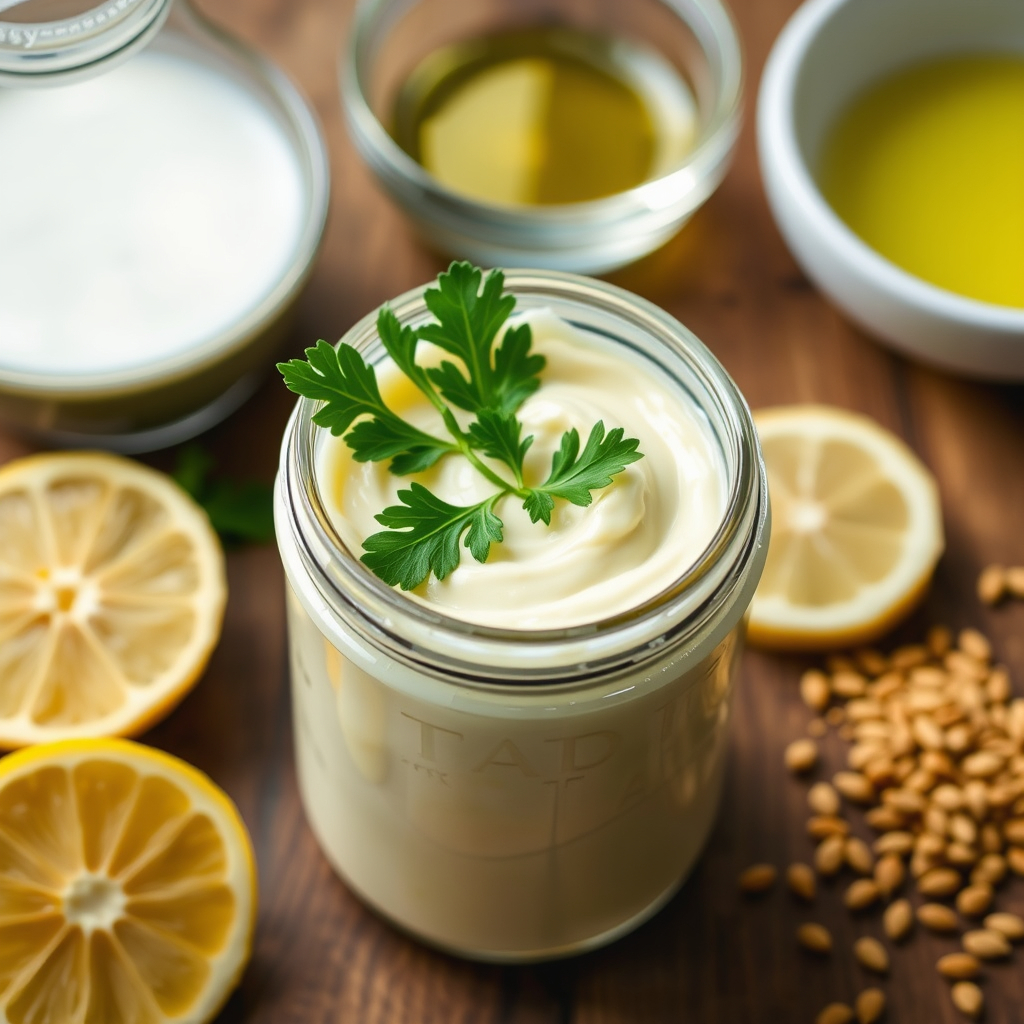 A close-up of a glass jar filled with creamy vegan mayonnaise, garnished with a sprig of parsley, placed on a wooden table surrounded by key ingredients like almond milk, a bowl of oil, lemon slices, and mustard seeds.