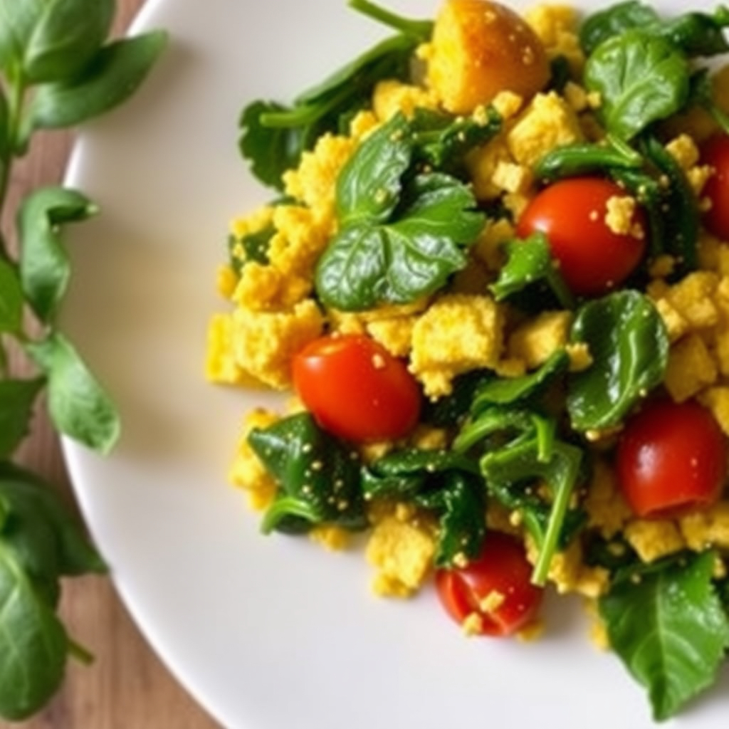  Vegan tofu scramble with spinach and cherry tomatoes on a plate.