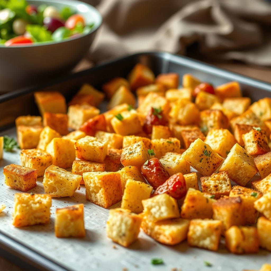 Golden-brown vegan croutons on a baking tray garnished with fresh herbs, surrounded by a bowl of salad and rustic kitchen towel.