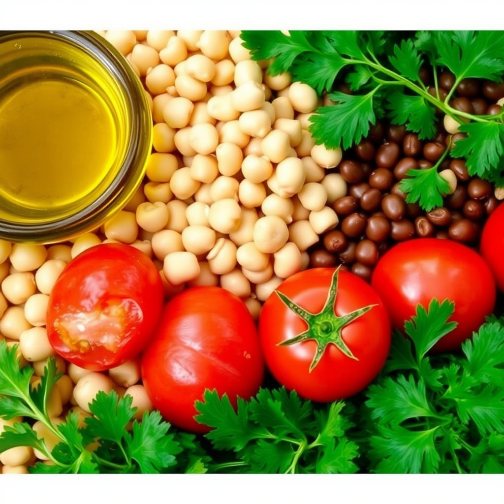 Close-up of Mediterranean staples: olive oil, chickpeas, lentils, tomatoes, and parsley.