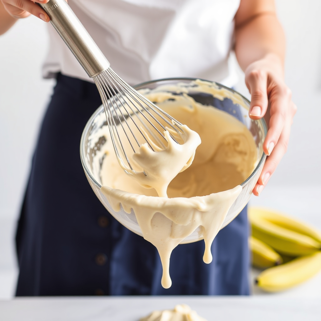 A messy baking scene with overmixed batter spilling from a bowl and green bananas in the background.