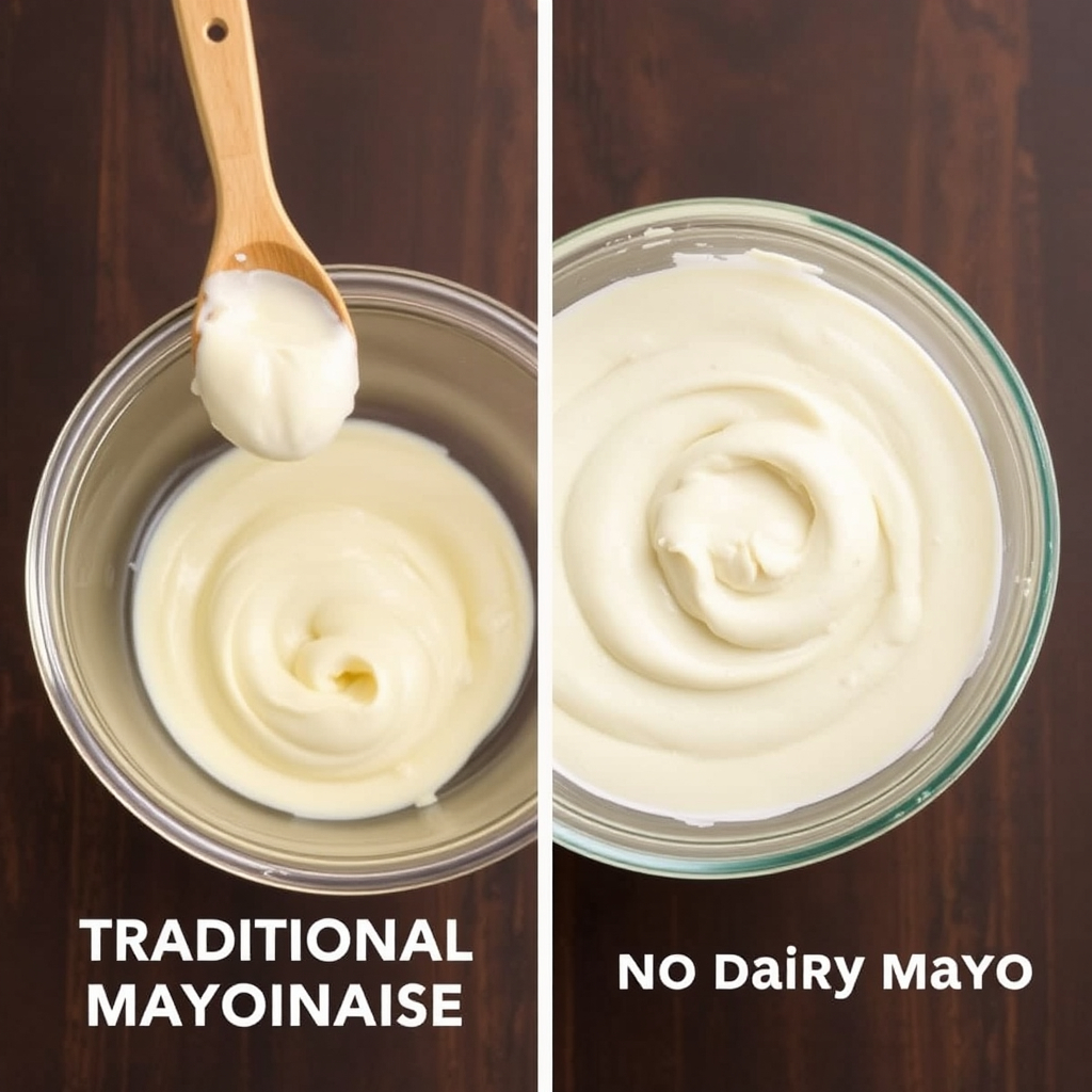 Comparison of traditional mayonnaise and no dairy mayo in bowls with their ingredients.