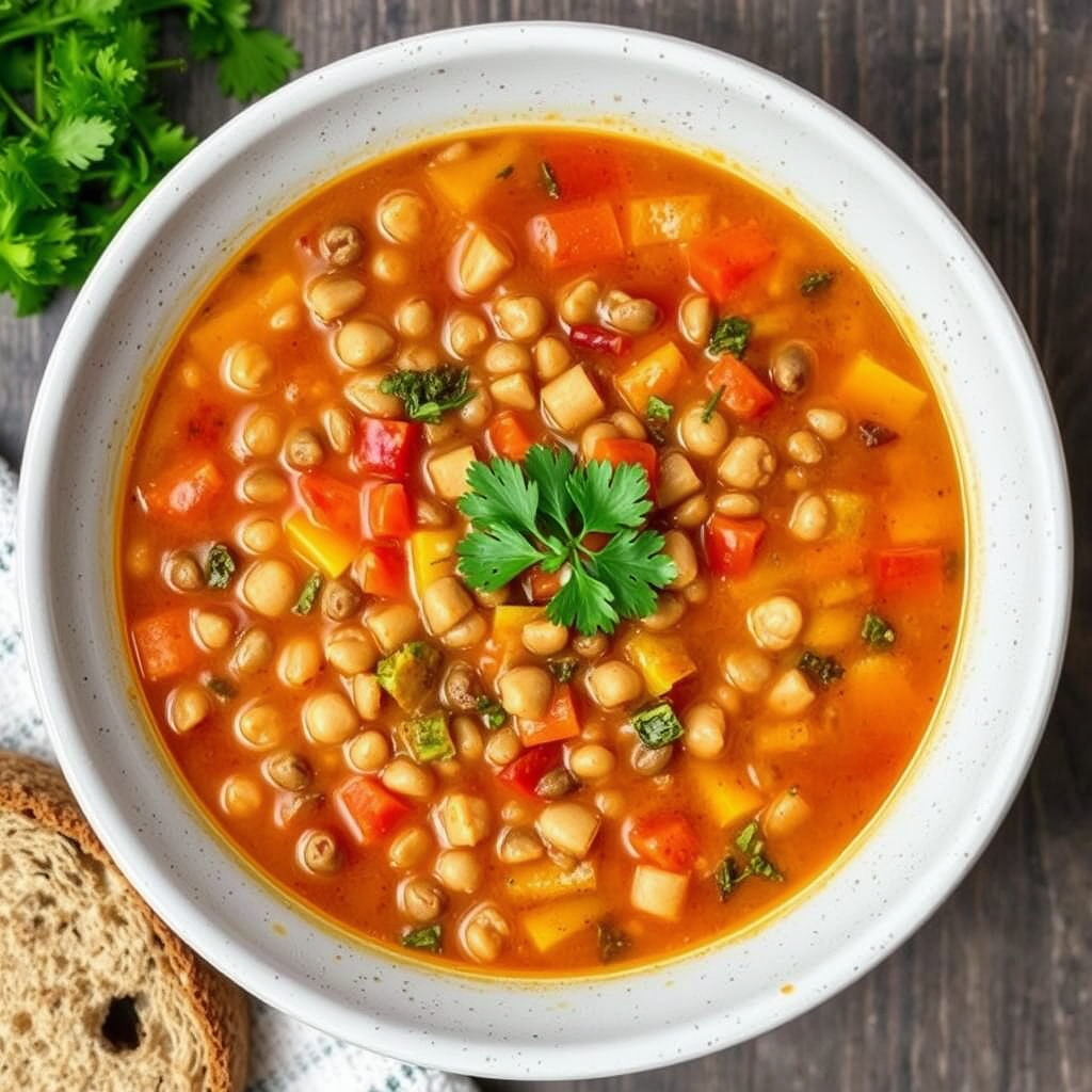  Bowl of lentil vegetable soup with parsley and gluten-free bread on the side.