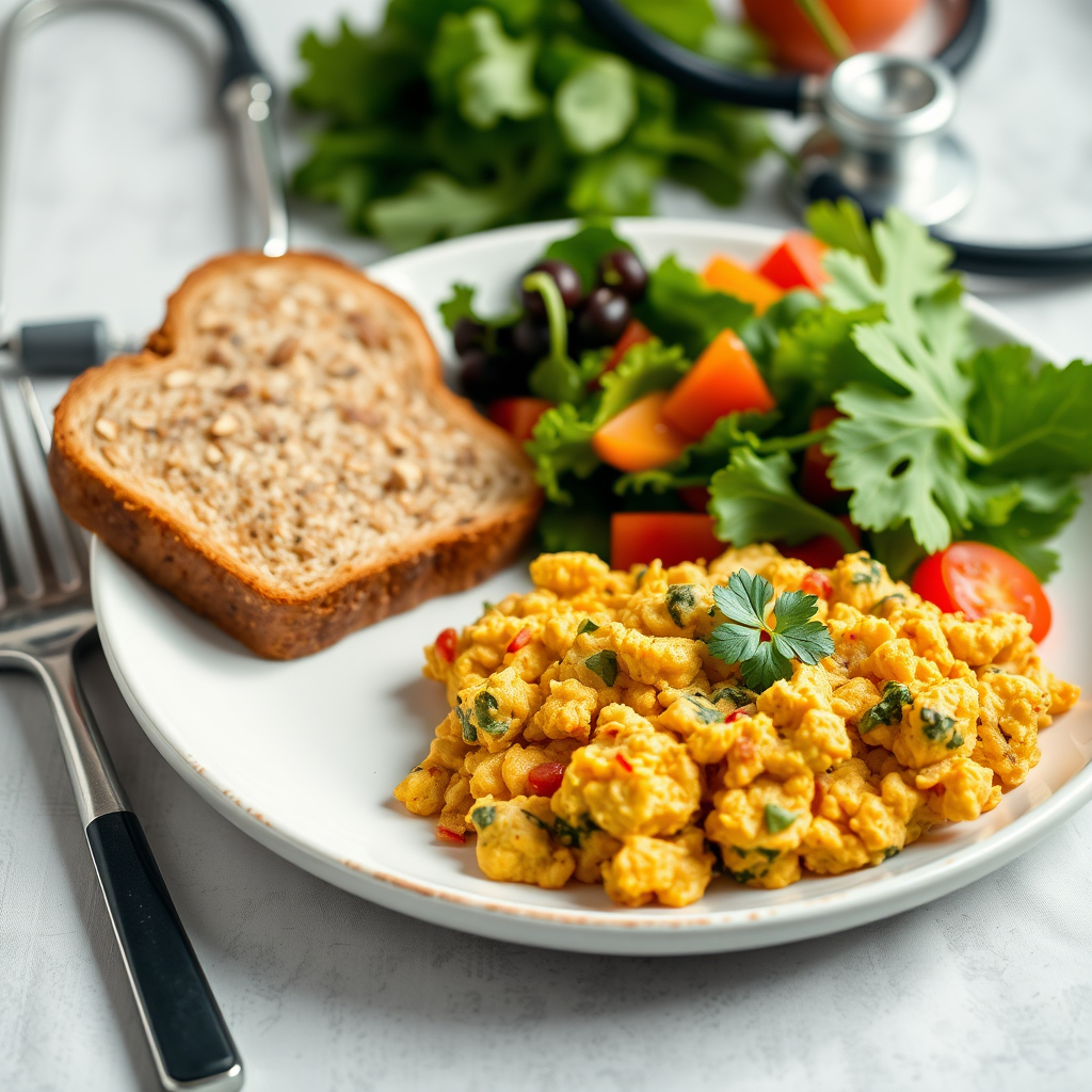 A plate of vibrant, nutrient-dense vegan food (e.g., tofu scramble, whole-grain toast, and fresh greens), with health-related elements like a stethoscope or heart icon in the background.

