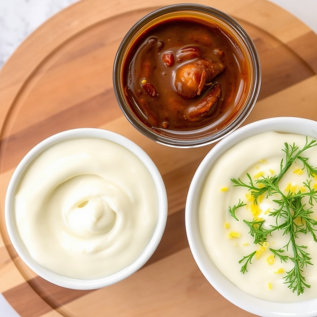 Three bowls of vegan mayonnaise in different flavors: herb-infused, spicy chipotle, and lemon-dill, arranged on a wooden platter.