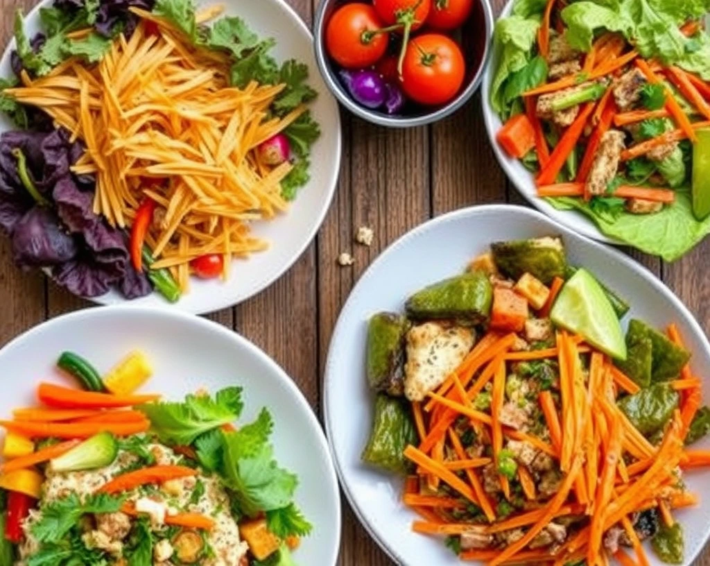 A variety of healthy vegetarian dishes featuring colorful vegetables arranged on a table.