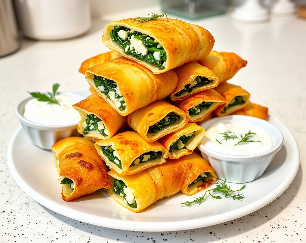 "Air-fried spinach and feta rolls with golden flaky phyllo dough served with a yogurt dip.