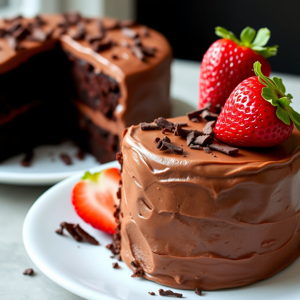 A rich vegan chocolate cake topped with smooth frosting, chocolate shavings, and fresh strawberries, displayed on a white plate.