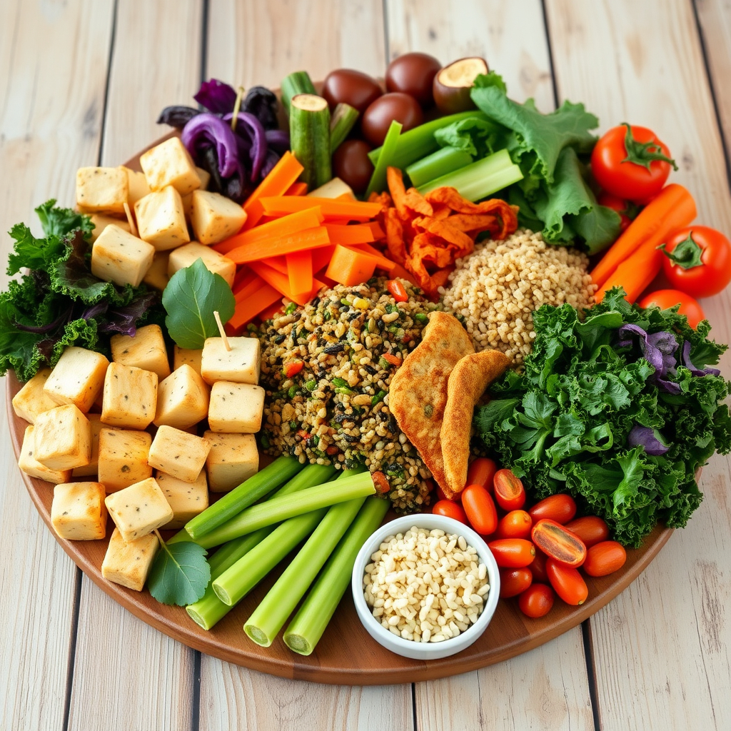 A colorful assortment of popular vegan foods, including tofu, quinoa, kale, and fresh vegetables, displayed on a rustic wooden table.