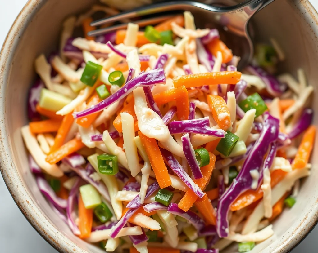 Close-up of vibrant vegan coleslaw with creamy dairy-free dressing in a ceramic bowl.